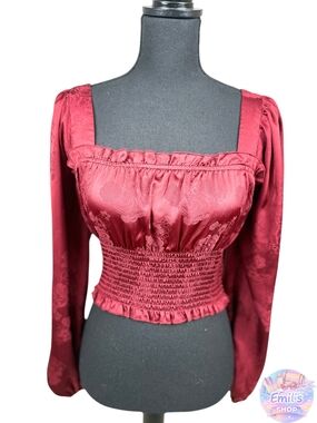 Forever 21 Burgundy Square Neck Smocked Waist Long Sleeve Top